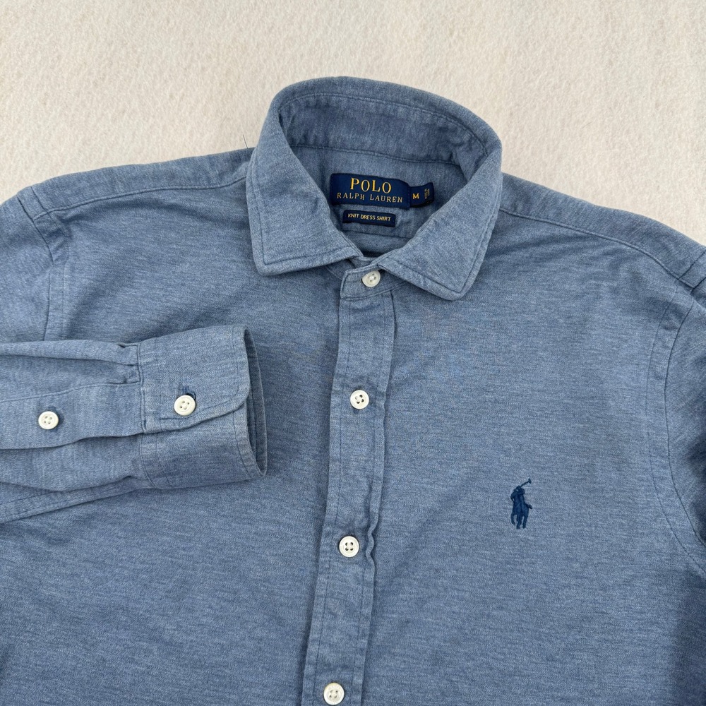Polo Ralph Lauren Mens M Knit Dress Shirt Blue Heathered Cotton Long Sleeve